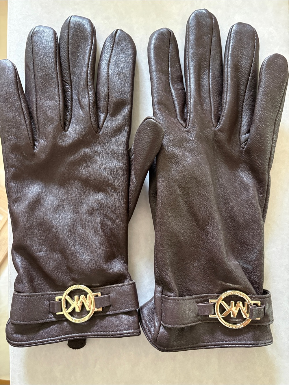 Michael Kors Dark Brown Leather Gloves with Gold Logo Accent
